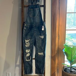 American eagle distressed denim overalls